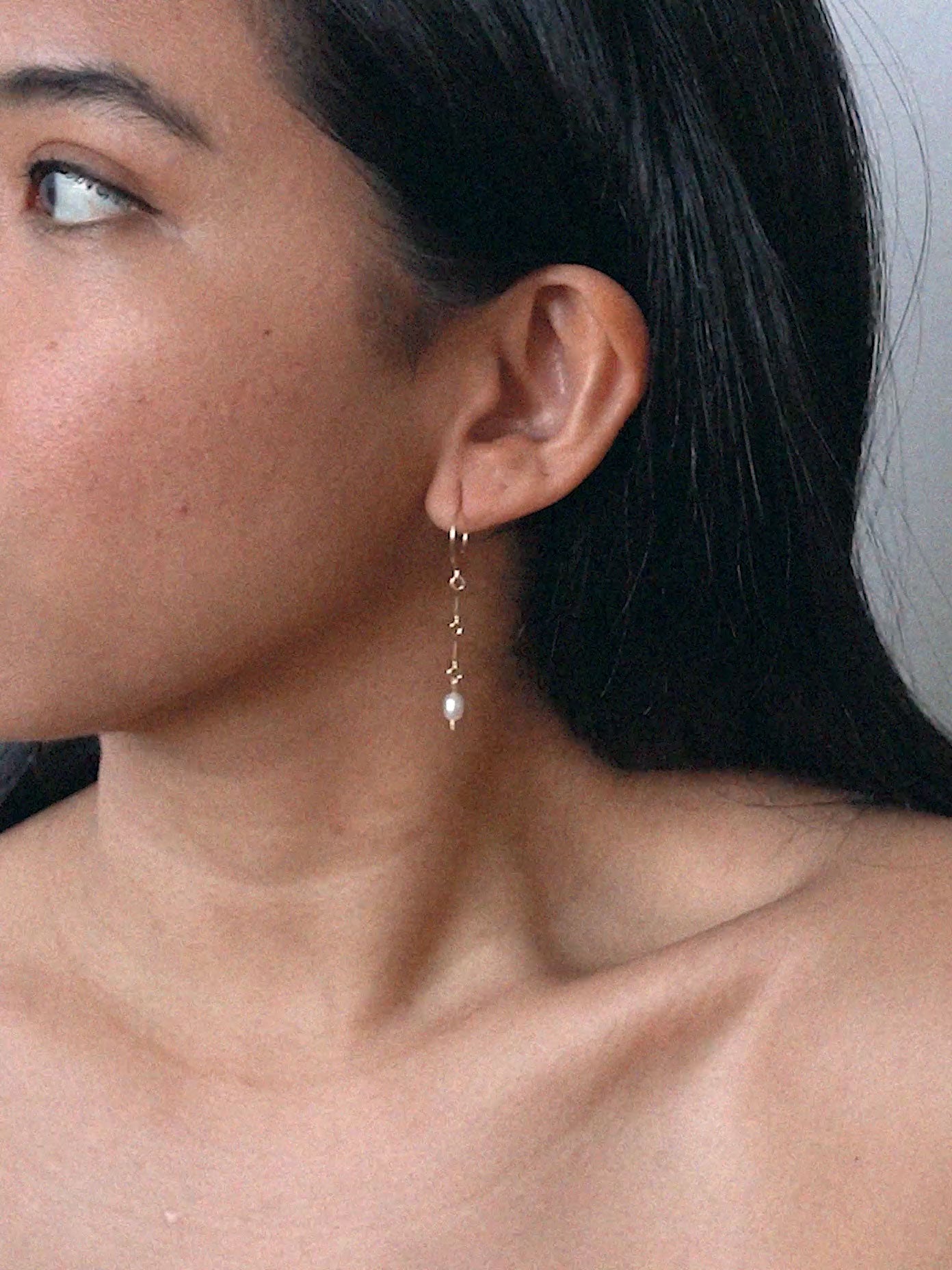 Dainty Freshwater Rice Pearl Drop Hoop Earrings