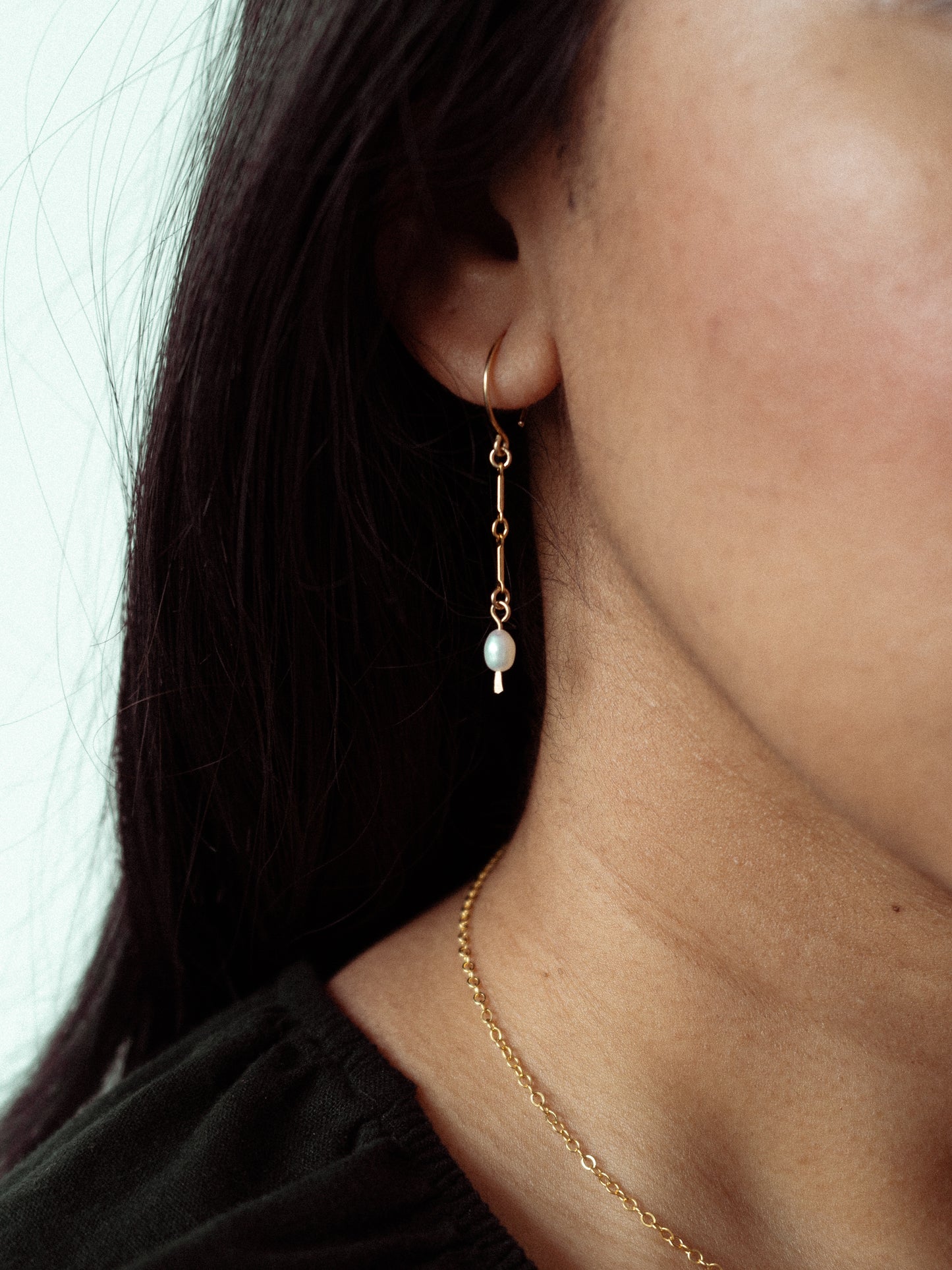 Dainty Freshwater Rice Pearl Drop Hoop Earrings