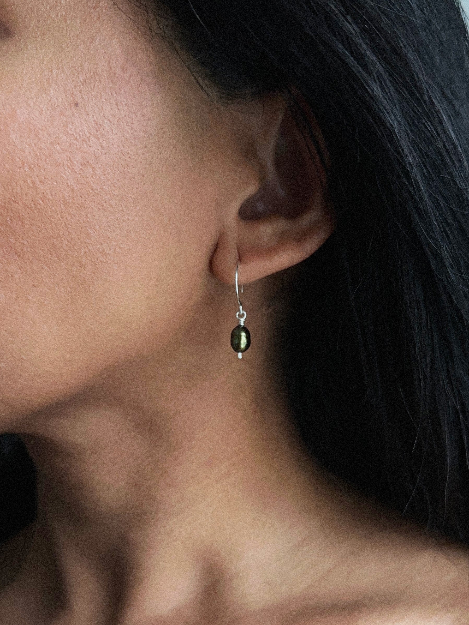 Dark Green Pearl Drop Earrings in Silver