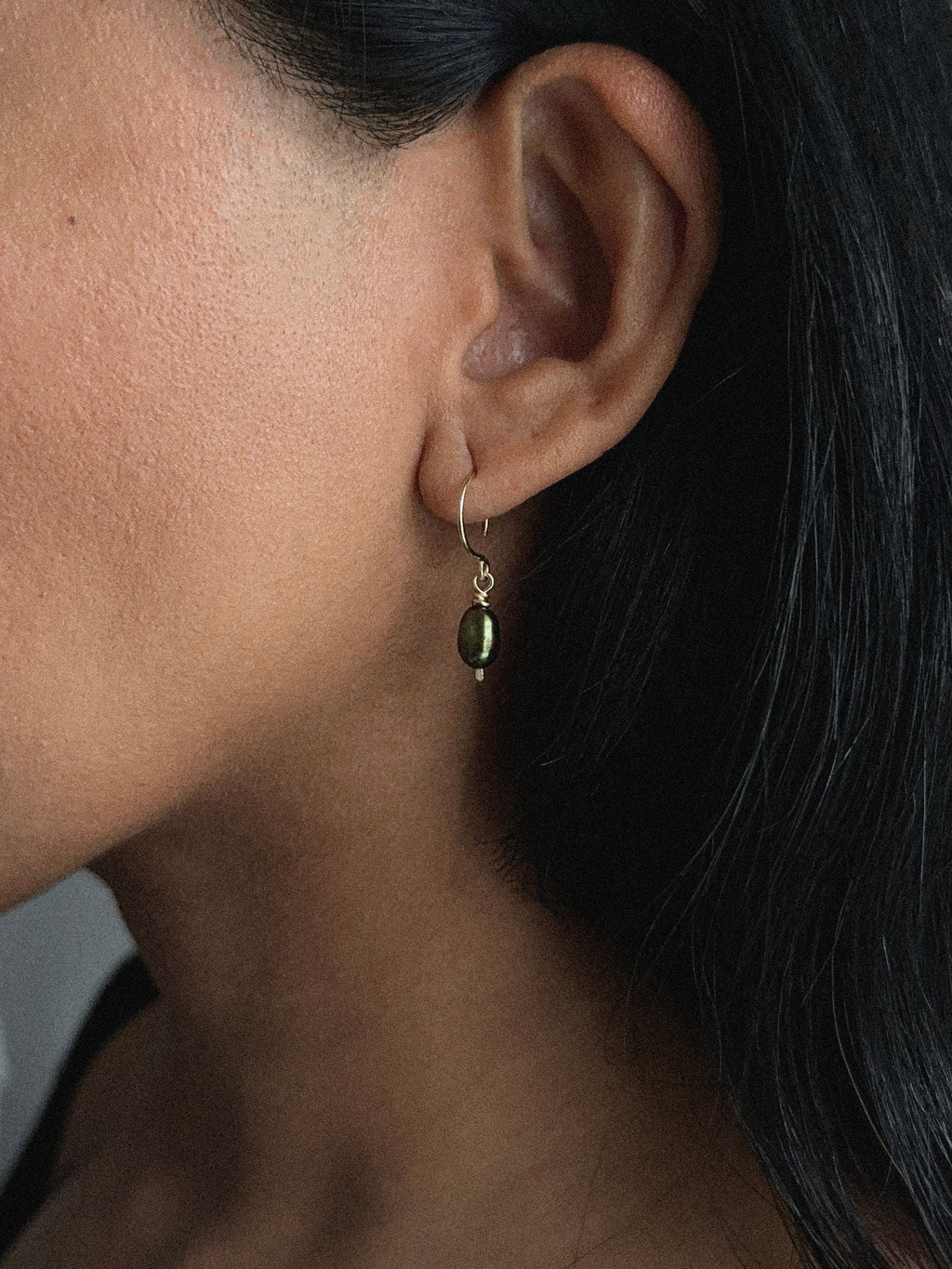 Dark Green Pearl Drop Earrings in Gold