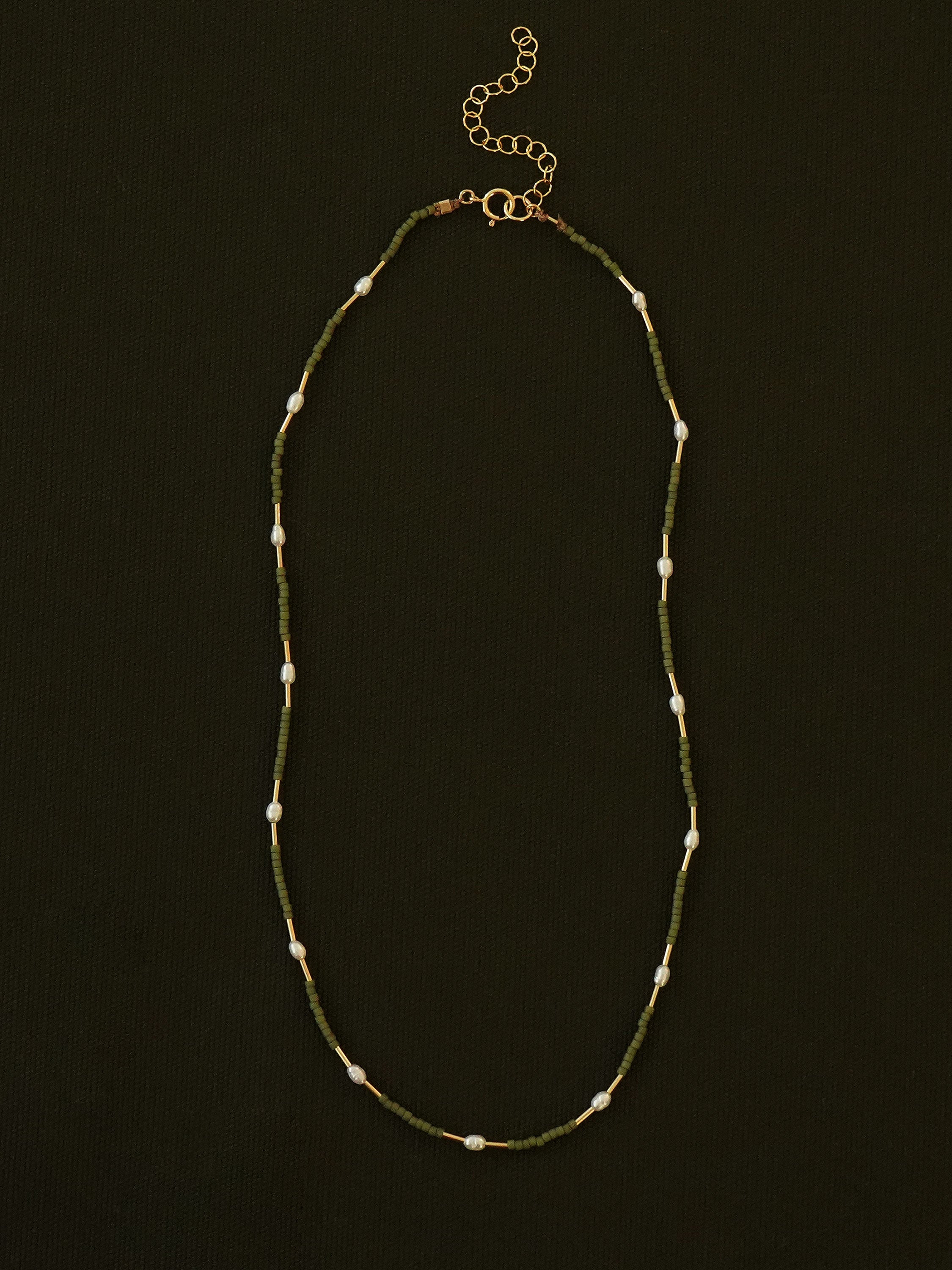 Rice Pearl Beaded Necklace in Green