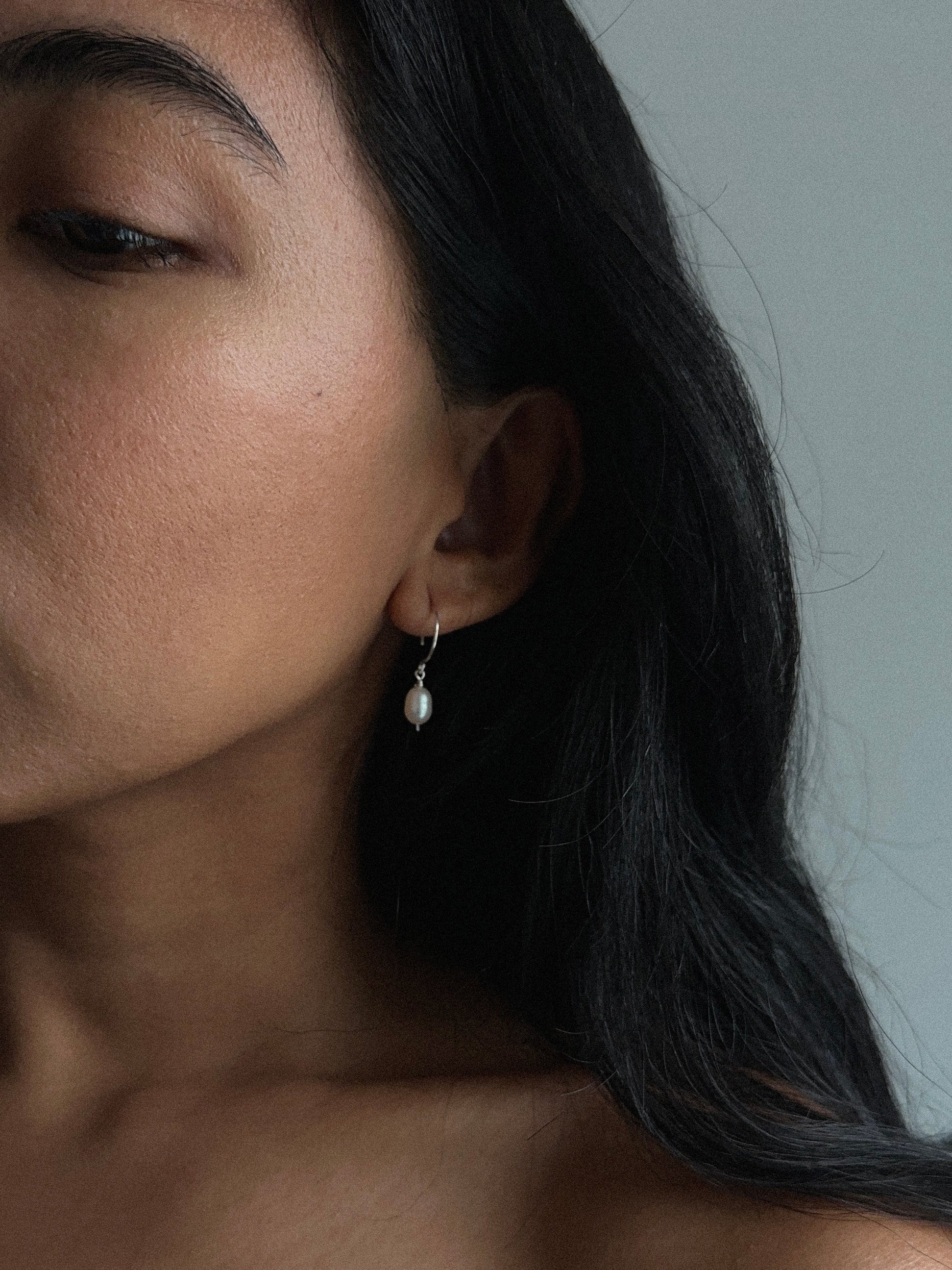 White Rice Pearl Drop Earrings in Silver