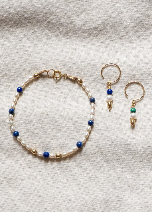 Rice Pearl Bracelet and Earring Set - Lapis Lazuli