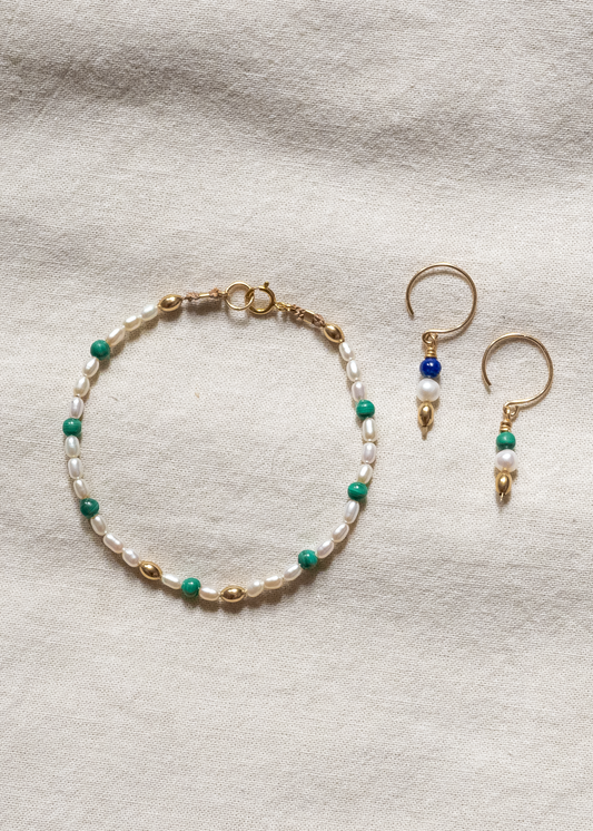 Rice Pearl Bracelet and Earring Set - Malachite